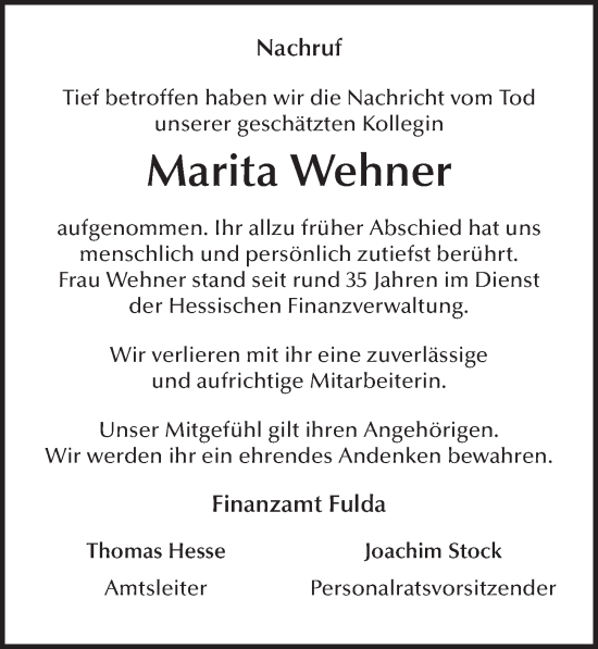Traueranzeige von Marita Wehner von FZ