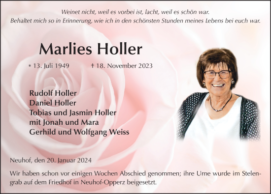 Traueranzeige von Marlies Holler von FZ