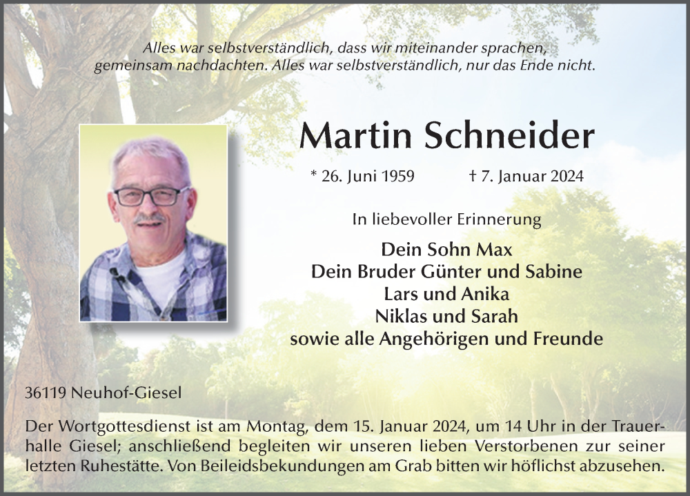  Traueranzeige für Martin Schneider vom 12.01.2024 aus FZ