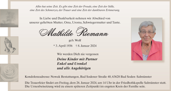 Traueranzeige von Mathilde Riemann von FZ