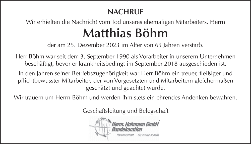  Traueranzeige für Matthias Böhm vom 06.01.2024 aus FZ