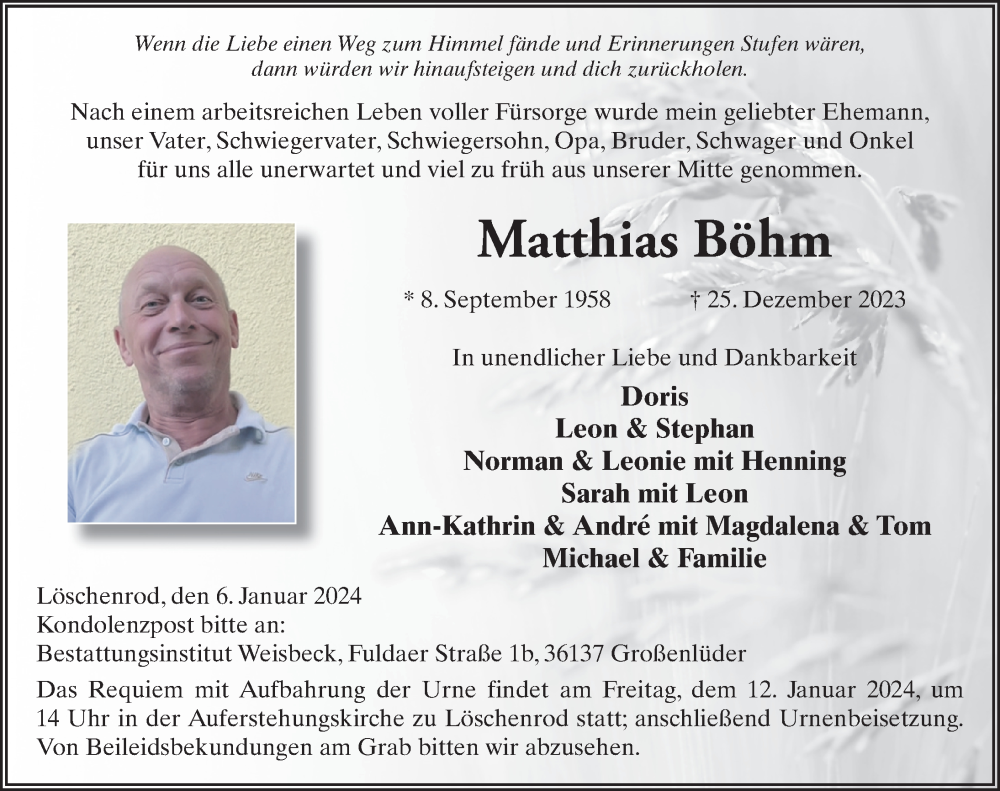  Traueranzeige für Matthias Böhm vom 06.01.2024 aus FZ