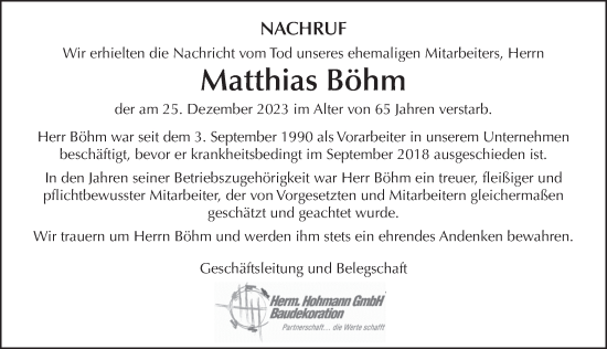 Traueranzeige von Matthias Böhm von FZ