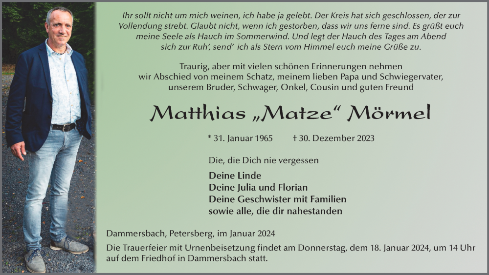  Traueranzeige für Matthias Mörmel vom 13.01.2024 aus FZ