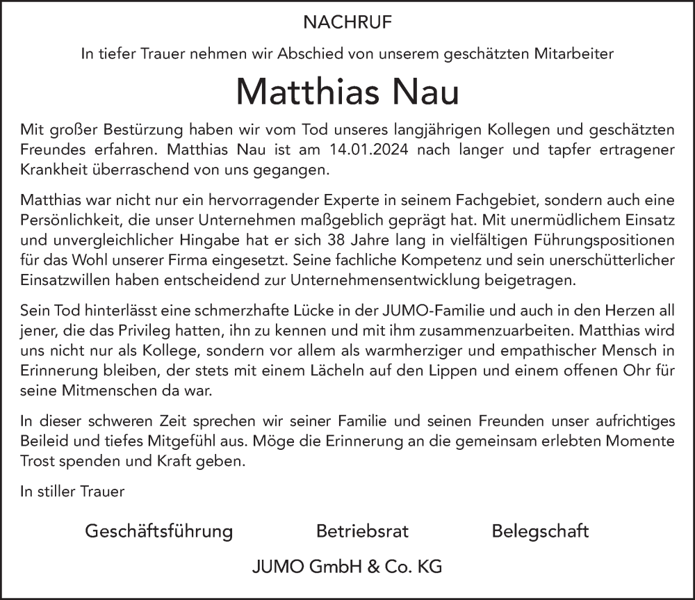  Traueranzeige für Matthias Nau vom 20.01.2024 aus FZ