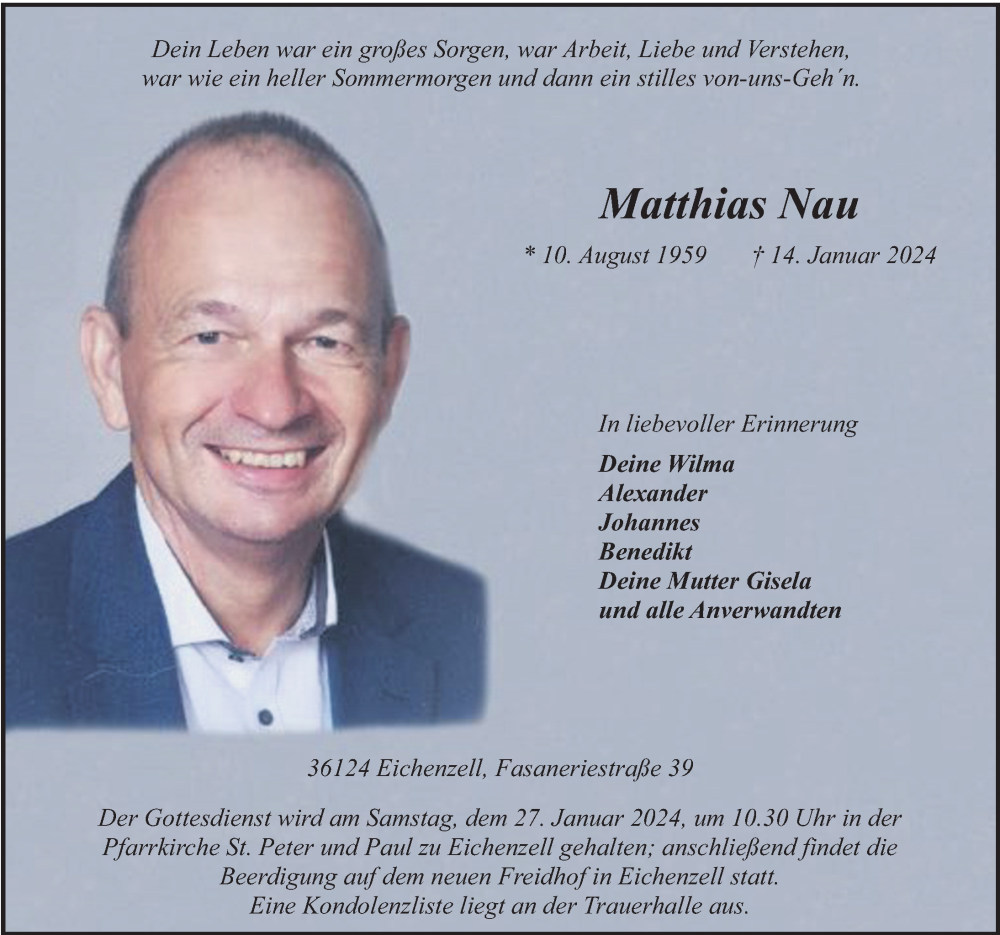  Traueranzeige für Matthias Nau vom 20.01.2024 aus FZ