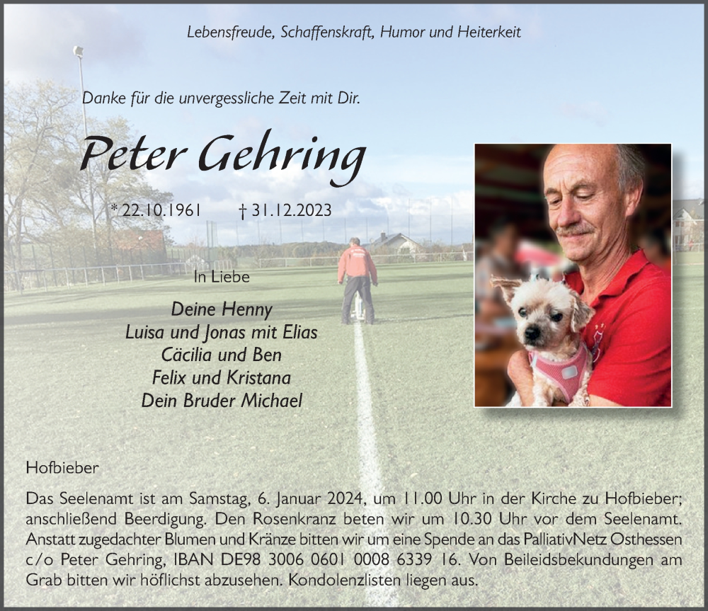  Traueranzeige für Peter Gehring vom 03.01.2024 aus FZ