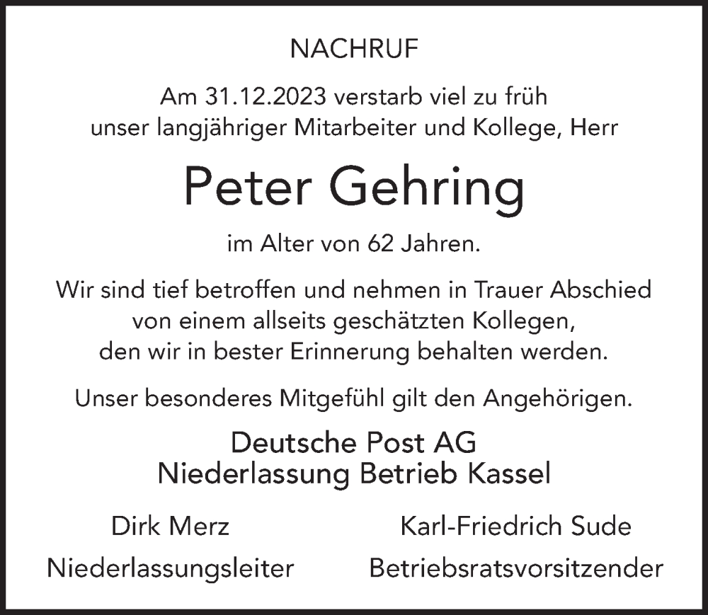  Traueranzeige für Peter Gehring vom 05.01.2024 aus FZ