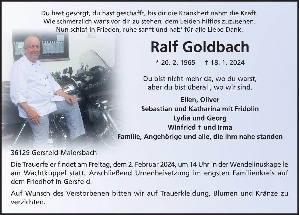  Traueranzeige für Ralf Goldbach vom 30.01.2024 aus FZ