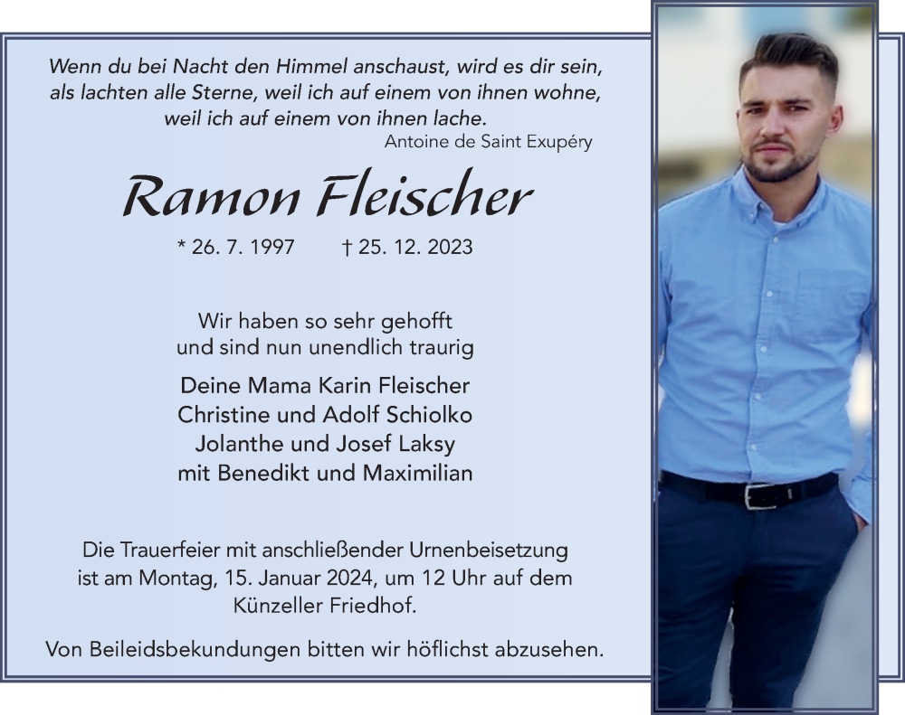  Traueranzeige für Ramon Fleischer vom 06.01.2024 aus FZ