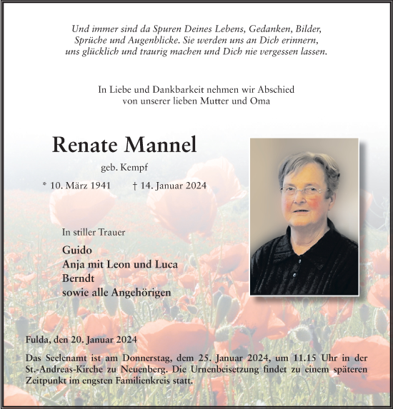 Traueranzeige von Renate Mannel von FZ