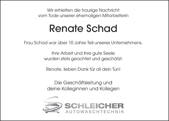 Traueranzeige von Renate Schad von FZ
