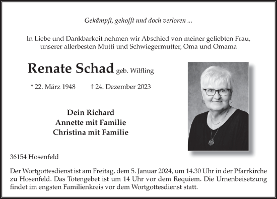 Traueranzeige von Renate Schad von FZ