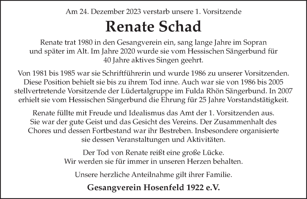  Traueranzeige für Renate Schad vom 02.01.2024 aus FZ