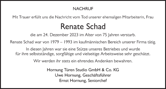 Traueranzeige von Renate Schad von FZ