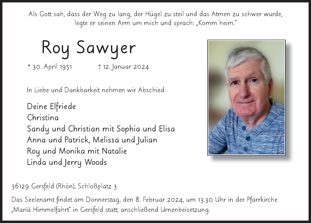  Traueranzeige für Roy Sawyer vom 20.01.2024 aus FZ