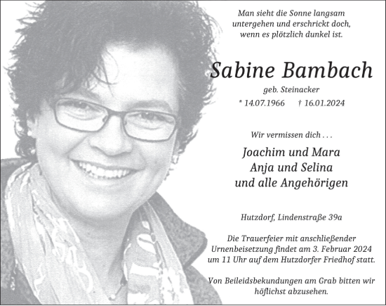 Traueranzeige von Sabine Bambach von FZ