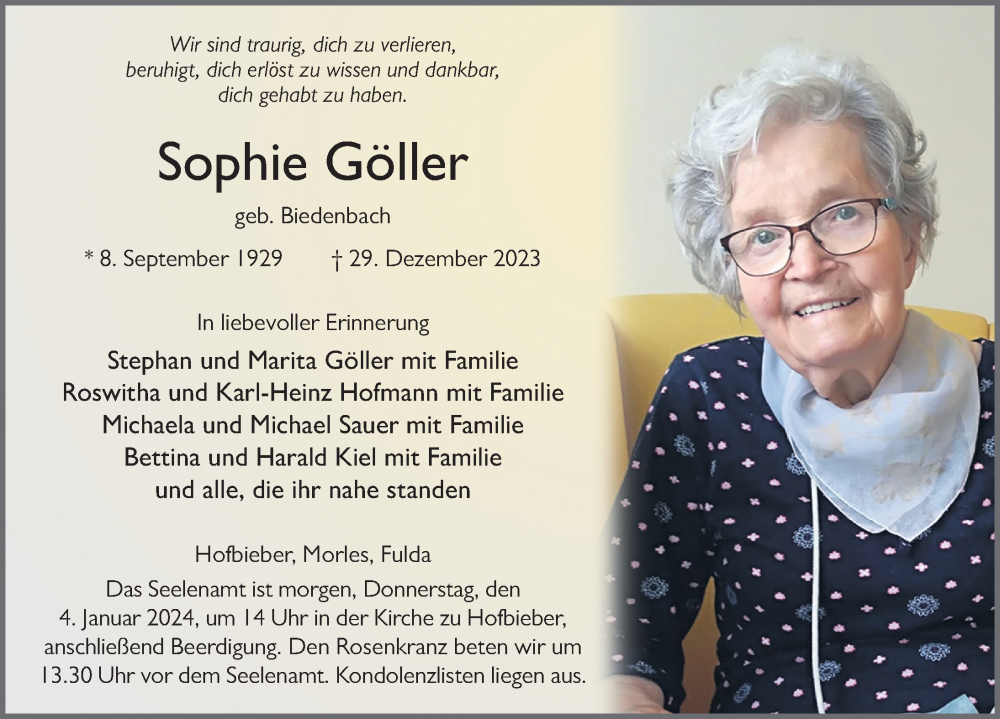  Traueranzeige für Sophie Göller vom 03.01.2024 aus FZ