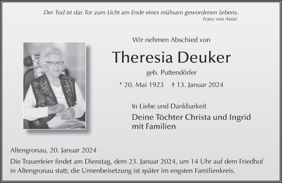 Traueranzeige von Theresia Deuker von FZ