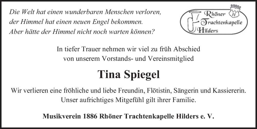  Traueranzeige für Tina Spiegel vom 24.01.2024 aus FZ