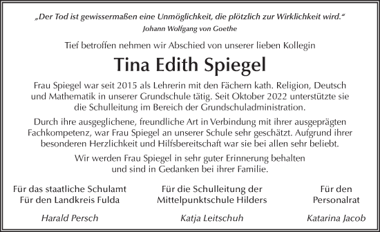 Traueranzeige von Tina Spiegel von FZ