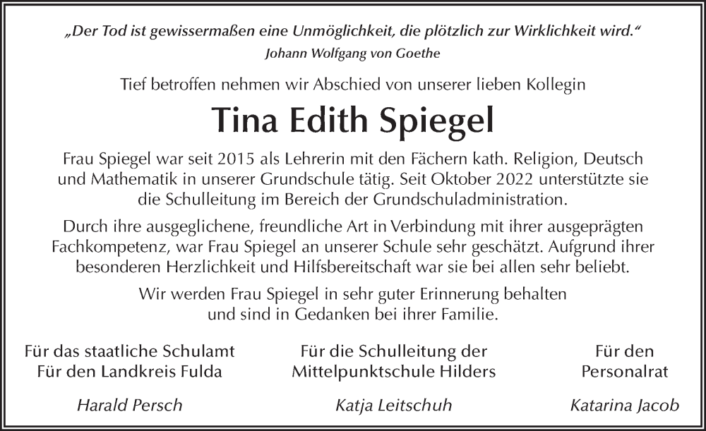  Traueranzeige für Tina Spiegel vom 24.01.2024 aus FZ