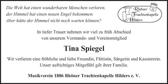 Traueranzeige von Tina Spiegel von FZ