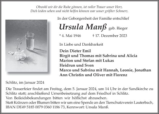 Traueranzeige von Ursula Manß von FZ
