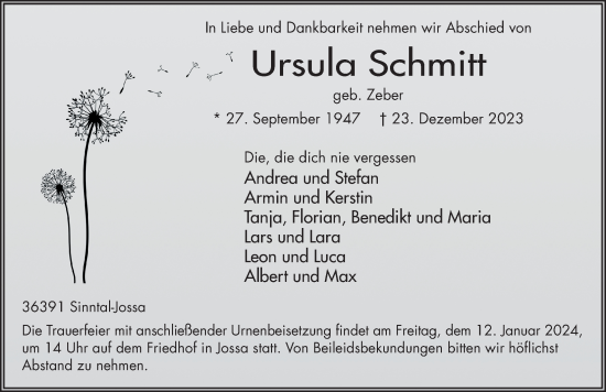 Traueranzeige von Ursula Schmitt von FZ