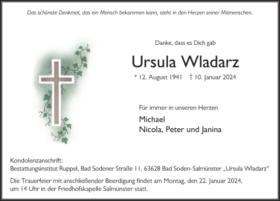 Traueranzeige von Ursula Wladarz von FZ