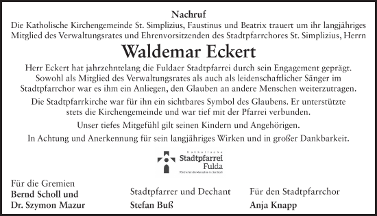 Traueranzeige von Waldemar Eckert von FZ