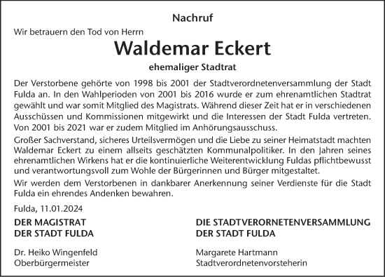 Traueranzeige von Waldemar Eckert von FZ
