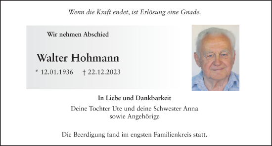 Traueranzeige von Walter Hohmann von FZ