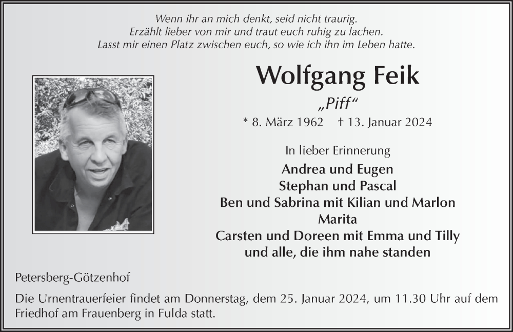  Traueranzeige für Wolfgang Feik vom 20.01.2024 aus FZ