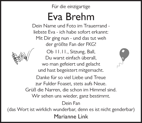 Traueranzeige von Eva Brehm von FZ