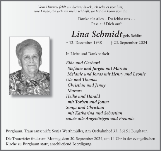 Traueranzeige von Lina Schmidt von FZ