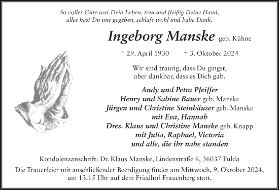 Traueranzeige von Ingeborg Manske von FZ