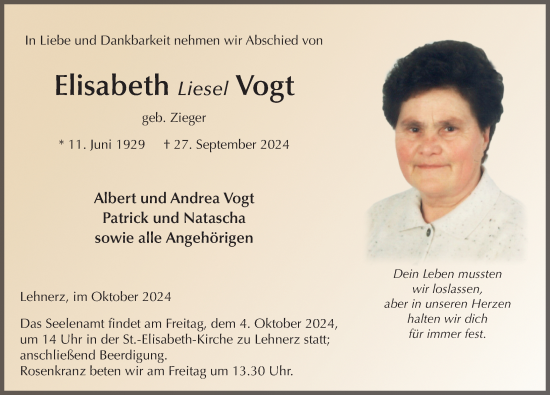 Traueranzeige von Elisabeth Vogt 