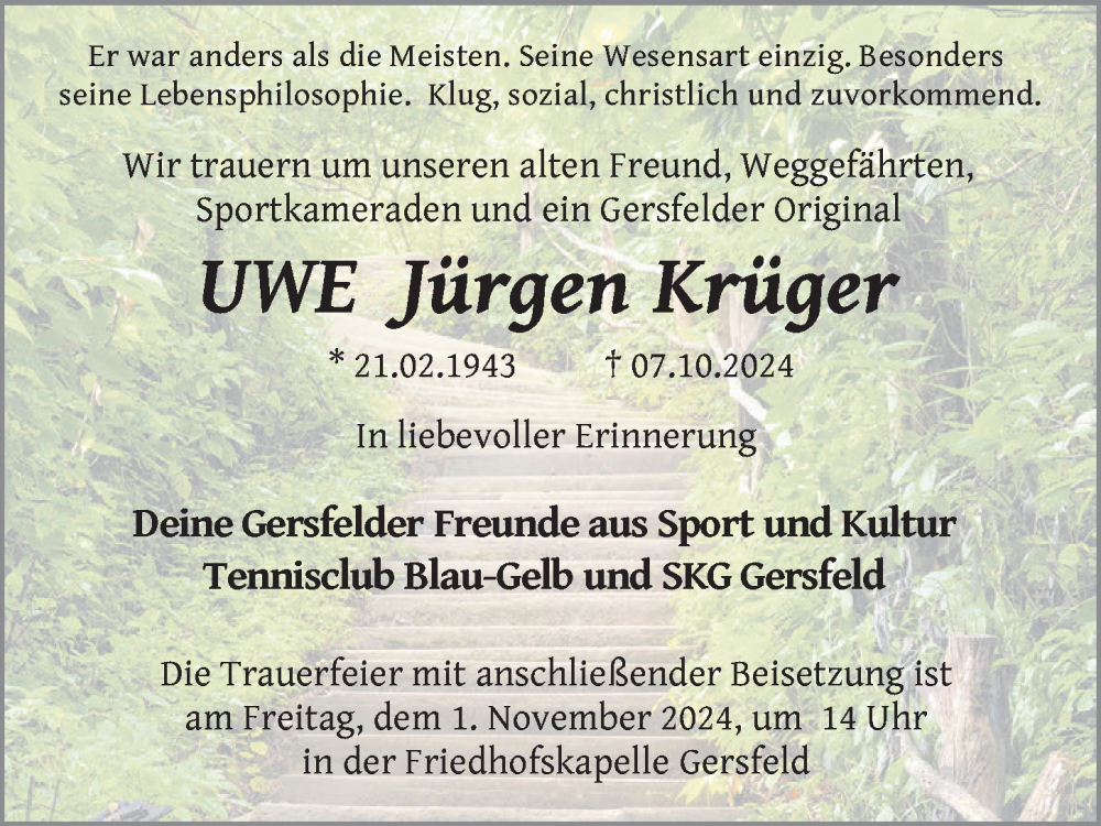  Traueranzeige für Uwe Jürgen Krüger vom 30.10.2024 aus fz