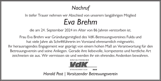 Traueranzeige von Eva Brehm von FZ