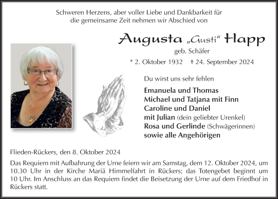 Traueranzeige von Augusta Happ von FZ