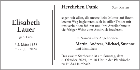 Traueranzeige von Elisabeth Lauer von FZ