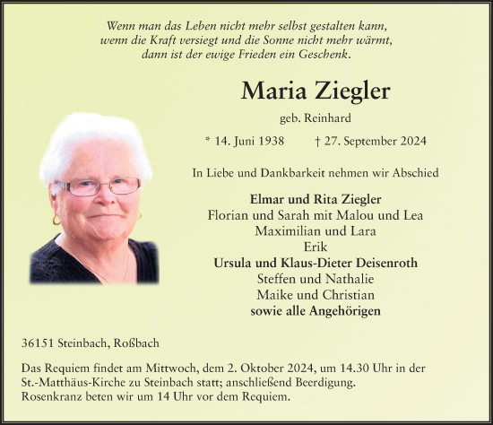 Traueranzeige von Maria Ziegler von FZ