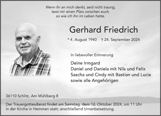 Traueranzeige von Gerhard Friedrich von FZ