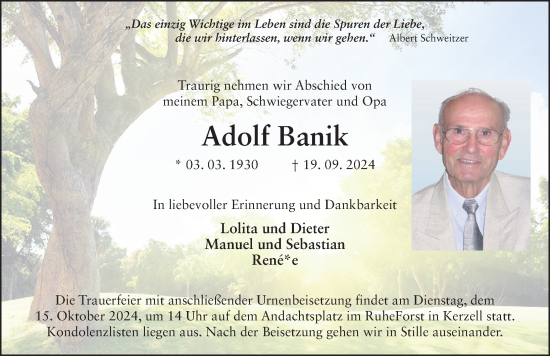 Traueranzeige von Adolf Banik von FZ