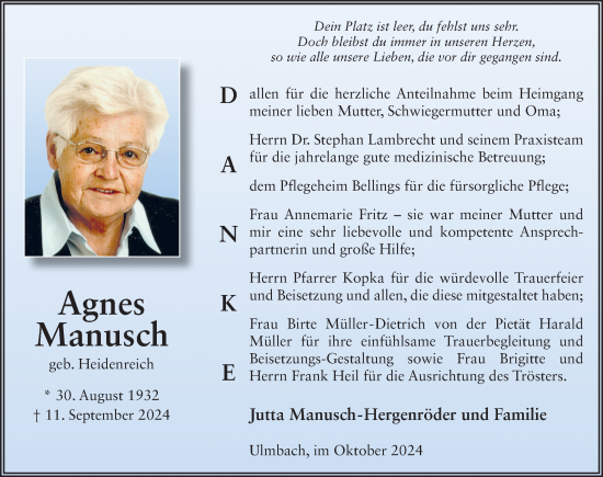 Traueranzeige von Agnes Manusch von FZ