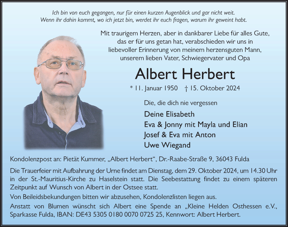 Traueranzeige für Albert Herbert vom 26.10.2024 aus FZ