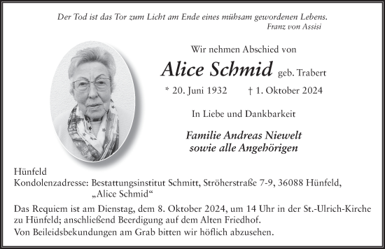 Traueranzeige von Alice Schmid von FZ