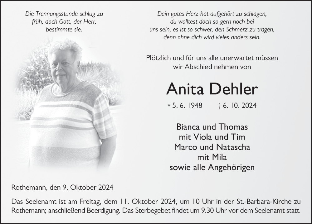 Traueranzeige für Anita Dehler vom 09.10.2024 aus FZ