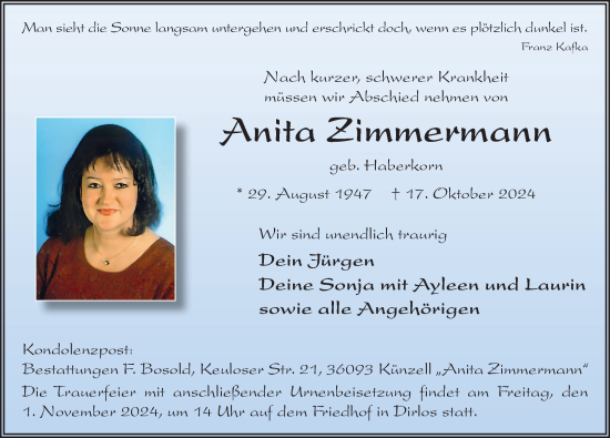 Traueranzeige von Anita Zimmermann von FZ